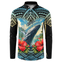 Personalized Masefau American Samoa Whale Button Sweatshirt Polynesian Tribal Pattern Tropical Hibiscus TS04 Black Blue - Polynesian Pride