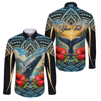 Personalized Masefau American Samoa Whale Family Matching Short Sleeve Bodycon Dress and Hawaiian Shirt Polynesian Tribal Pattern Tropical Hibiscus TS04 Dad's Shirt - Long Sleeve Black Blue - Polynesian Pride