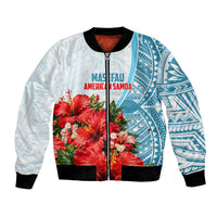 Personalized American Samoa Masefau Bomber Jacket Hibiscus Tropical Floral Whale Polynesian Tribal Pattern TS04 Unisex White Blue - Polynesian Pride