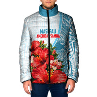 Personalized American Samoa Masefau Padded Jacket Hibiscus Tropical Floral Whale Polynesian Tribal Pattern TS04 Men White Blue - Polynesian Pride