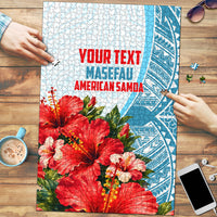 Personalized American Samoa Masefau Puzzle Hibiscus Tropical Floral Whale Polynesian Tribal Pattern TS04 White Blue - Polynesian Pride