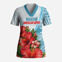 Personalized American Samoa Masefau Scrub Top Hibiscus Tropical Floral Whale Polynesian Tribal Pattern TS04 Adult White Blue - Polynesian Pride