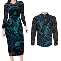 Polynesian Whale Couples Matching Long Sleeve Bodycon Dress and Long Sleeve Button Shirts TS04 Black/Cyan - Polynesian Pride