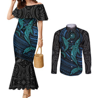 Polynesian Whale Couples Matching Mermaid Dress and Long Sleeve Button Shirts TS04 Black/Cyan - Polynesian Pride