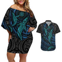 Polynesian Whale Couples Matching Off Shoulder Short Dress and Hawaiian Shirt TS04 Black/Cyan - Polynesian Pride