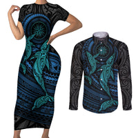 Polynesian Whale Couples Matching Short Sleeve Bodycon Dress and Long Sleeve Button Shirts TS04 Black/Cyan - Polynesian Pride
