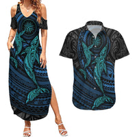 Polynesian Whale Couples Matching Summer Maxi Dress and Hawaiian Shirt TS04 Black/Cyan - Polynesian Pride