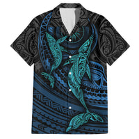 Polynesian Whale Family Matching Puletasi Dress and Hawaiian Shirt TS04 Dad's Shirt - Short Sleeve Black/Cyan - Polynesian Pride