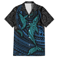 Polynesian Whale Family Matching Short Sleeve Bodycon Dress and Hawaiian Shirt TS04 Dad's Shirt - Short Sleeve Black Cyan - Polynesian Pride
