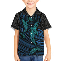Polynesian Whale Family Matching Short Sleeve Bodycon Dress and Hawaiian Shirt TS04 Son's Shirt Black Cyan - Polynesian Pride