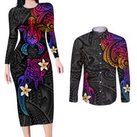 Turtle and Plumeria - Polynesian Couples Matching Long Sleeve Bodycon Dress and Long Sleeve Button Shirts TS04 Gradient - Polynesian Pride
