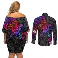 Turtle and Plumeria - Polynesian Couples Matching Off Shoulder Short Dress and Long Sleeve Button Shirts TS04 - Polynesian Pride