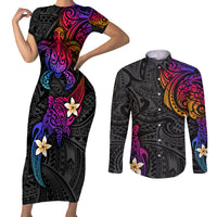 Turtle and Plumeria - Polynesian Couples Matching Short Sleeve Bodycon Dress and Long Sleeve Button Shirts TS04 Gradient - Polynesian Pride