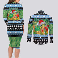 Micronesia Christmas Couples Matching Long Sleeve Bodycon Dress and Long Sleeve Button Shirt with Santa Turtle Coral Reef and Holiday Ocean Pattern TS04 - Polynesian Pride