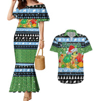 Micronesia Christmas Couples Matching Mermaid Dress and Hawaiian Shirt with Santa Turtle Coral Reef and Holiday Ocean Pattern TS04 Black Green - Polynesian Pride
