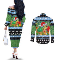 Micronesia Christmas Couples Matching Off The Shoulder Long Sleeve Dress and Long Sleeve Button Shirt with Santa Turtle Coral Reef and Holiday Ocean Pattern TS04 - Polynesian Pride