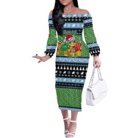 Micronesia Christmas Family Matching Off The Shoulder Long Sleeve Dress and Hawaiian Shirt with Santa Turtle Coral Reef and Holiday Ocean Pattern TS04 Mom's Dress Black Green - Polynesian Pride