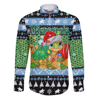 Micronesia Christmas Family Matching Off Shoulder Maxi Dress and Hawaiian Shirt with Santa Turtle Coral Reef and Holiday Ocean Pattern TS04 Dad's Shirt - Long Sleeve Black Green - Polynesian Pride