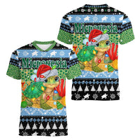 Micronesia Christmas Women V-Neck T-Shirt with Santa Turtle Coral Reef and Holiday Ocean Pattern TS04 - Polynesian Pride