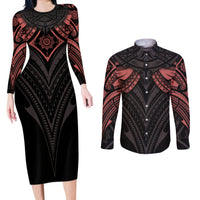 Feminine Polynesian Couples Matching Long Sleeve Bodycon Dress and Long Sleeve Button Shirts Mandala Tattoo Style TS04 Black - Polynesian Pride