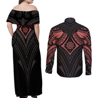 Feminine Polynesian Couples Matching Off Shoulder Maxi Dress and Long Sleeve Button Shirts Mandala Tattoo Style TS04 - Polynesian Pride