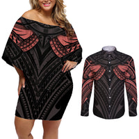 Feminine Polynesian Couples Matching Off Shoulder Short Dress and Long Sleeve Button Shirts Mandala Tattoo Style TS04 Black - Polynesian Pride