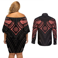 Feminine Polynesian Couples Matching Off Shoulder Short Dress and Long Sleeve Button Shirts Mandala Tattoo Style TS04 - Polynesian Pride