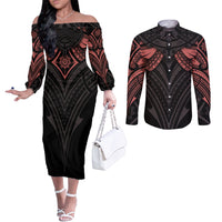 Feminine Polynesian Couples Matching Off The Shoulder Long Sleeve Dress and Long Sleeve Button Shirts Mandala Tattoo Style TS04 Black - Polynesian Pride
