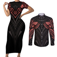 Feminine Polynesian Couples Matching Short Sleeve Bodycon Dress and Long Sleeve Button Shirts Mandala Tattoo Style TS04 Black - Polynesian Pride