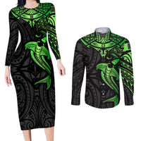 Polynesian Couples Matching Long Sleeve Bodycon Dress and Long Sleeve Button Shirts Hammerhead Shark Tribal Pattern Black Green Version TS04 Black/Green - Polynesian Pride