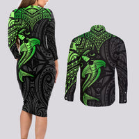 Polynesian Couples Matching Long Sleeve Bodycon Dress and Long Sleeve Button Shirts Hammerhead Shark Tribal Pattern Black Green Version TS04 - Polynesian Pride