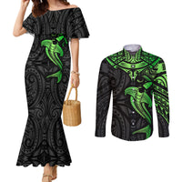 Polynesian Couples Matching Mermaid Dress and Long Sleeve Button Shirts Hammerhead Shark Tribal Pattern Black Green Version TS04 Black/Green - Polynesian Pride