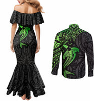 Polynesian Couples Matching Mermaid Dress and Long Sleeve Button Shirts Hammerhead Shark Tribal Pattern Black Green Version TS04 - Polynesian Pride