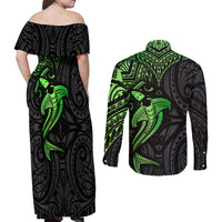 Polynesian Couples Matching Off Shoulder Maxi Dress and Long Sleeve Button Shirts Hammerhead Shark Tribal Pattern Black Green Version TS04 - Polynesian Pride
