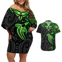 Polynesian Couples Matching Off Shoulder Short Dress and Hawaiian Shirt Hammerhead Shark Tribal Pattern Black Green Version TS04 Black/Green - Polynesian Pride