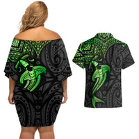 Polynesian Couples Matching Off Shoulder Short Dress and Hawaiian Shirt Hammerhead Shark Tribal Pattern Black Green Version TS04 - Polynesian Pride