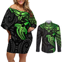 Polynesian Couples Matching Off Shoulder Short Dress and Long Sleeve Button Shirts Hammerhead Shark Tribal Pattern Black Green Version TS04 Black/Green - Polynesian Pride