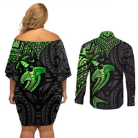 Polynesian Couples Matching Off Shoulder Short Dress and Long Sleeve Button Shirts Hammerhead Shark Tribal Pattern Black Green Version TS04 - Polynesian Pride