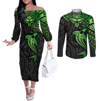 Polynesian Couples Matching Off The Shoulder Long Sleeve Dress and Long Sleeve Button Shirts Hammerhead Shark Tribal Pattern Black Green Version TS04 Black/Green - Polynesian Pride