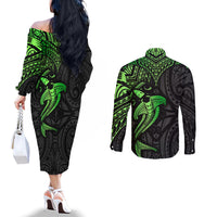 Polynesian Couples Matching Off The Shoulder Long Sleeve Dress and Long Sleeve Button Shirts Hammerhead Shark Tribal Pattern Black Green Version TS04 - Polynesian Pride