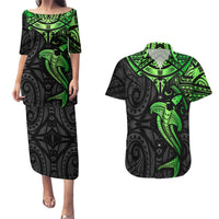 Polynesian Couples Matching Puletasi Dress and Hawaiian Shirt Hammerhead Shark Tribal Pattern Black Green Version TS04 Black/Green - Polynesian Pride