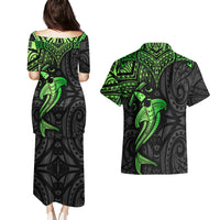 Polynesian Couples Matching Puletasi Dress and Hawaiian Shirt Hammerhead Shark Tribal Pattern Black Green Version TS04 - Polynesian Pride