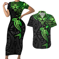 Polynesian Couples Matching Short Sleeve Bodycon Dress and Hawaiian Shirt Hammerhead Shark Tribal Pattern Black Green Version TS04 Black/Green - Polynesian Pride