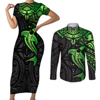 Polynesian Couples Matching Short Sleeve Bodycon Dress and Long Sleeve Button Shirts Hammerhead Shark Tribal Pattern Black Green Version TS04 Black/Green - Polynesian Pride