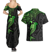 Polynesian Couples Matching Summer Maxi Dress and Hawaiian Shirt Hammerhead Shark Tribal Pattern Black Green Version TS04 - Polynesian Pride