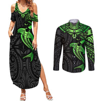 Polynesian Couples Matching Summer Maxi Dress and Long Sleeve Button Shirts Hammerhead Shark Tribal Pattern Black Green Version TS04 Black/Green - Polynesian Pride