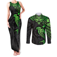 Polynesian Couples Matching Tank Maxi Dress and Long Sleeve Button Shirts Hammerhead Shark Tribal Pattern Black Green Version TS04 Black/Green - Polynesian Pride