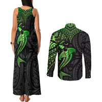 Polynesian Couples Matching Tank Maxi Dress and Long Sleeve Button Shirts Hammerhead Shark Tribal Pattern Black Green Version TS04 - Polynesian Pride