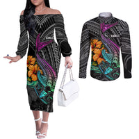 Hawaii Polynesian Couples Matching Off The Shoulder Long Sleeve Dress and Long Sleeve Button Shirt with Tribal Hammerhead Sharks and Hibiscus Black TS04 Black - Polynesian Pride