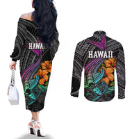 Hawaii Polynesian Couples Matching Off The Shoulder Long Sleeve Dress and Long Sleeve Button Shirt with Tribal Hammerhead Sharks and Hibiscus Black TS04 - Polynesian Pride